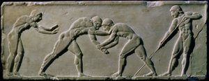 Jonge mannen worstelen, van een standbeeldbasis gevonden op de Dipylon-begraafplaats, Athene